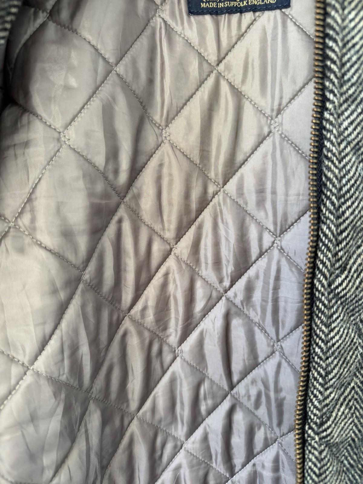 Lavenham Quilted Long Coat Jacket 6 34 Herringbone Made in England Tweed Bomber
