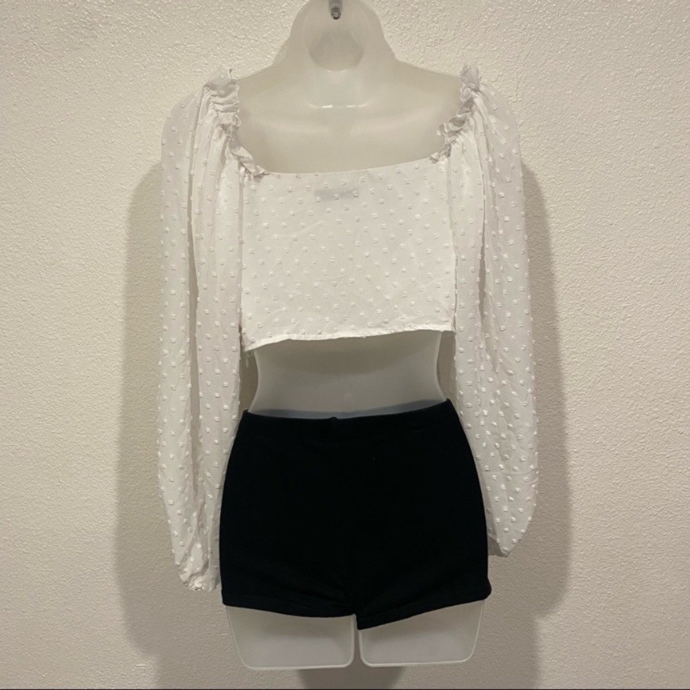 shein white polka dot cropped puff long sleeve blouse top shirt