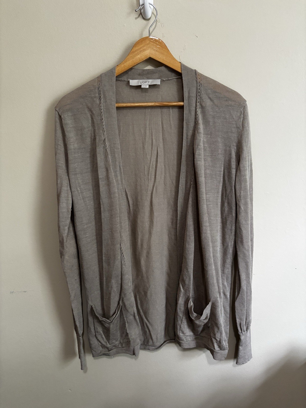 LOFT Sheer Ramie Blend Open Front Cardigan Beige Taupe Size Small