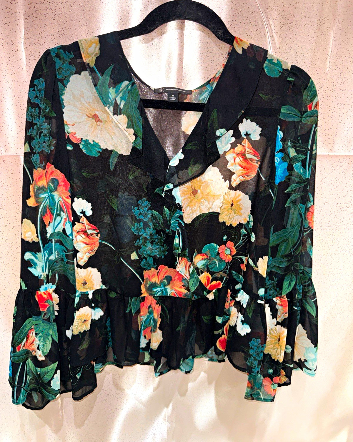 INC International Concepts Women’s Floral Sheer Ruffle V-Neck Blouse Black M