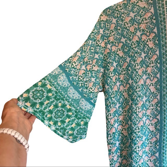 Chicos Soft Tile Stripe Duster Cardigan Sweater 2 L Turquoise Boho Open Front