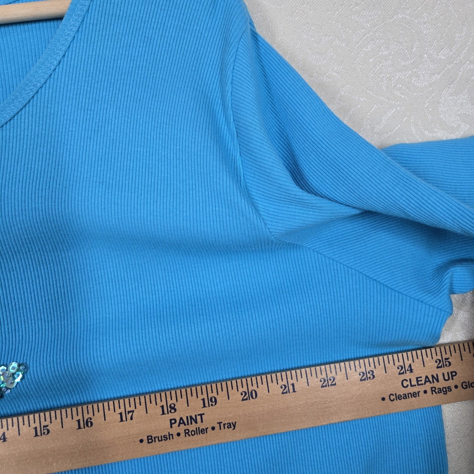 Quacker Factory Sequin Star Top sz 1X Turquoise Teal 100% Ribbed Cotton Stretch