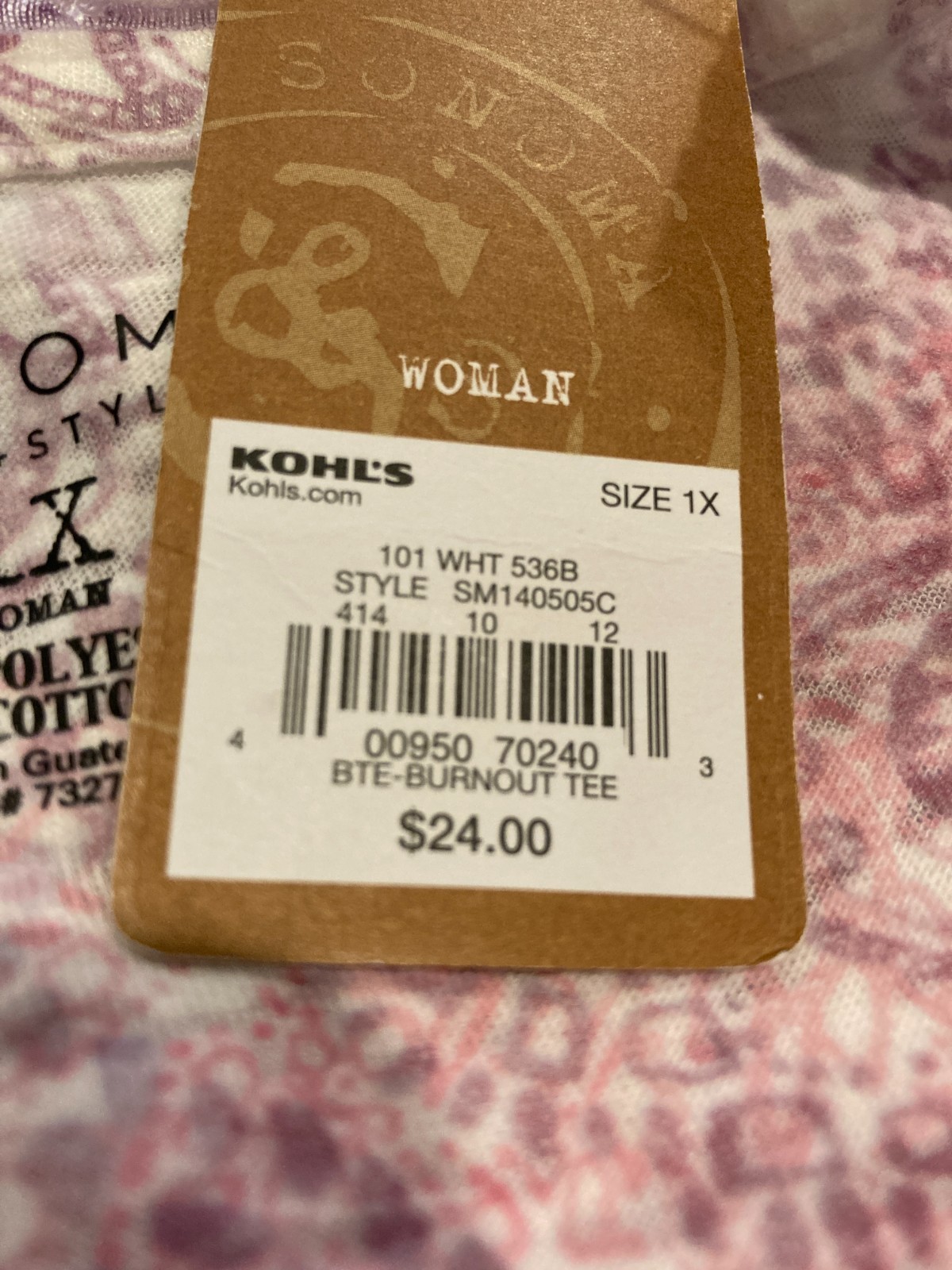 Sonoma Life&Style, Plus SZ 1X, Lightweight, semi-sheer, Tag $24.00 NWT