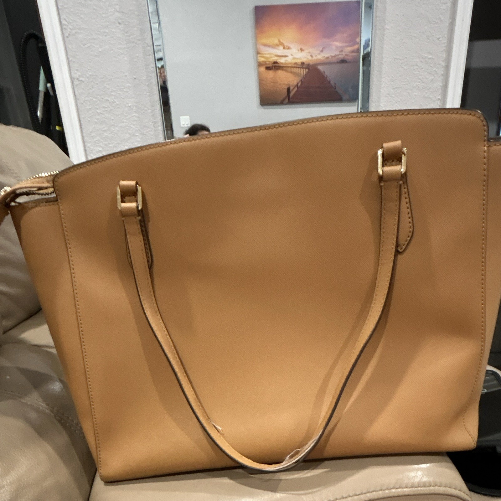 Tory Burch Tan Zip Top Tote Bag Gold Hardware Double Strap Inner Pockets magnet