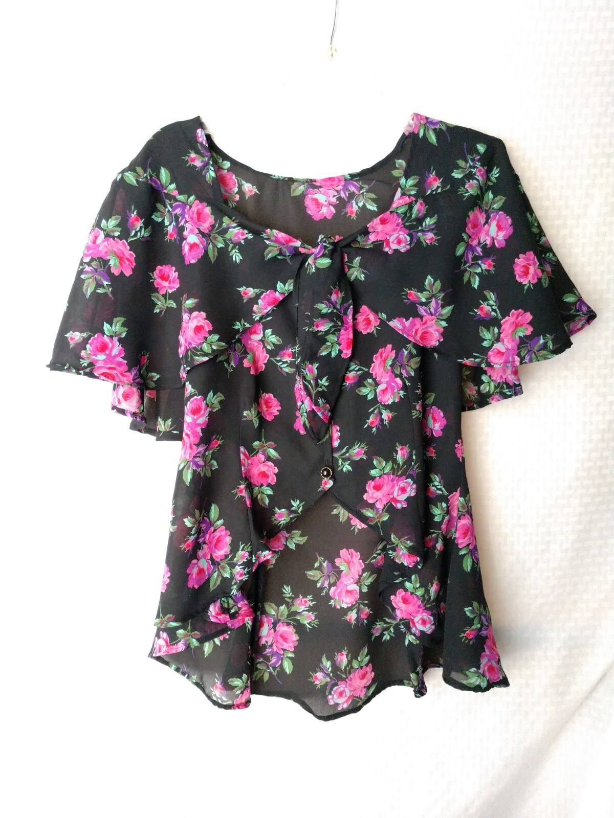 Pretty Vintage Black Floral Blouse Cape Shoulders Cropped Hi Lo JUNIORS LARGE