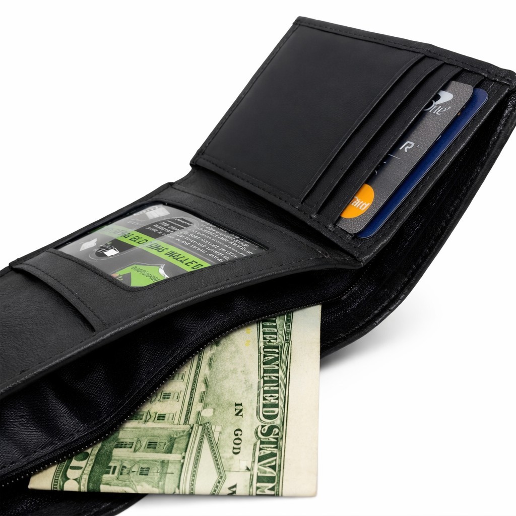 Men’s Genuine Leather RFID Security Black Trifold Wallet with Inside Zipper Box