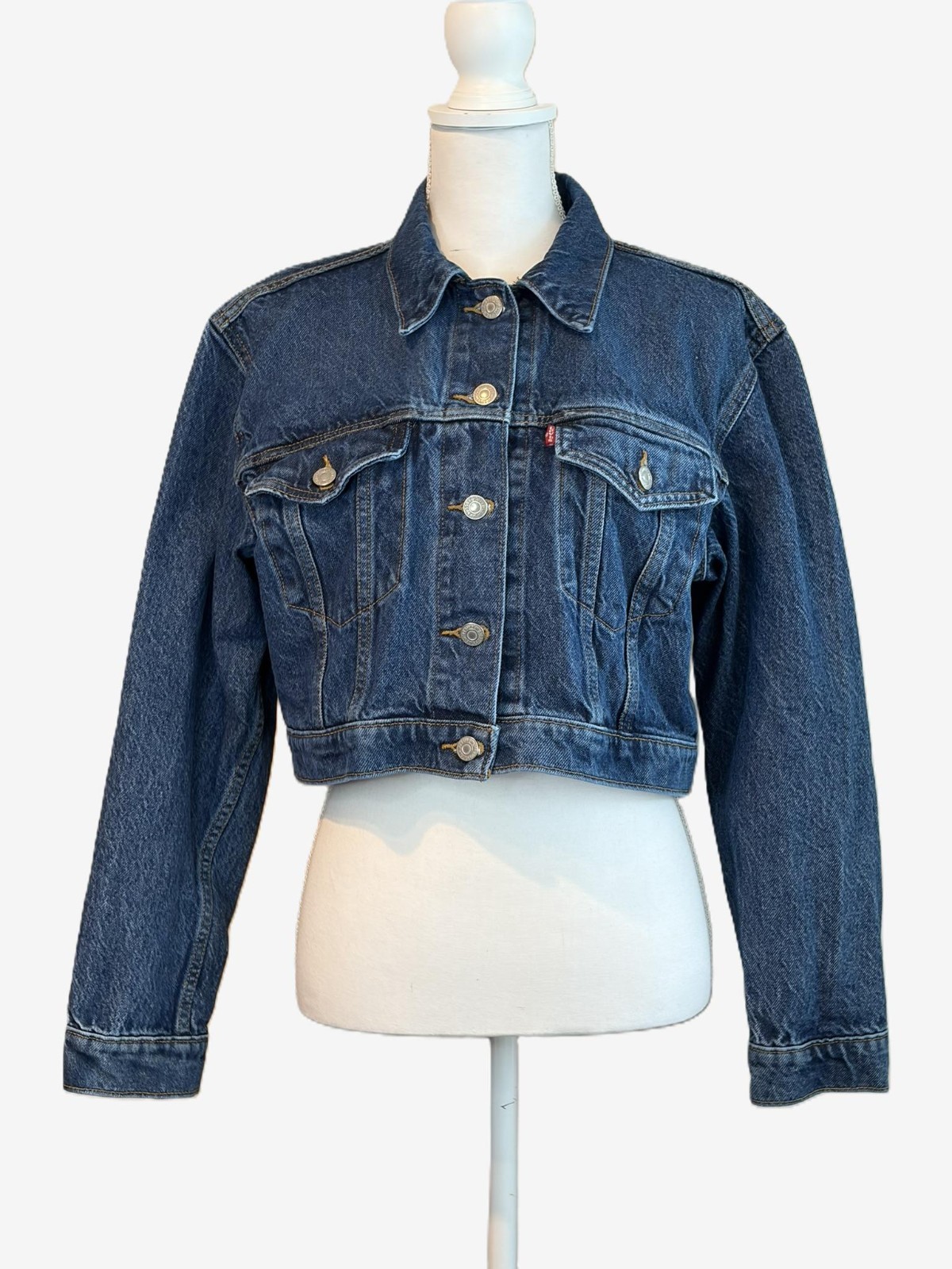 Levi’s Cropped Denim Jacket Womens Large Blue Trucker Jean Jacket Button Front