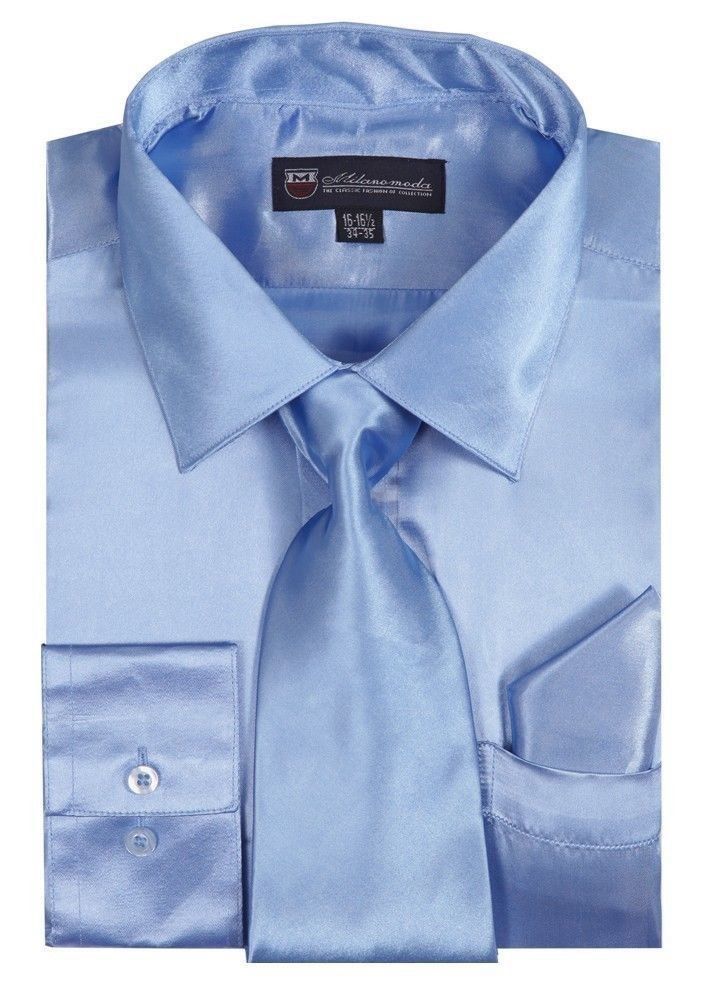 Men’s Shiny Satin Polyester Formal Dress Shirt w/ Tie and Hanky Set #08 Solid
