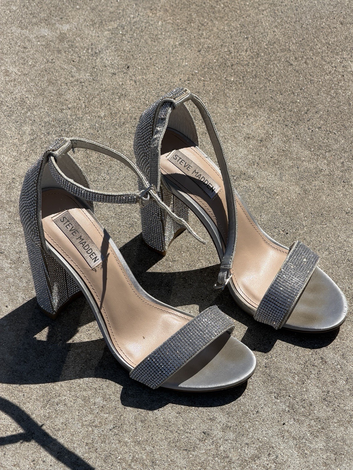 Steve Madden Women’s Silver Rhinestone Strappy Open Toe Ankle Strap Block Heels