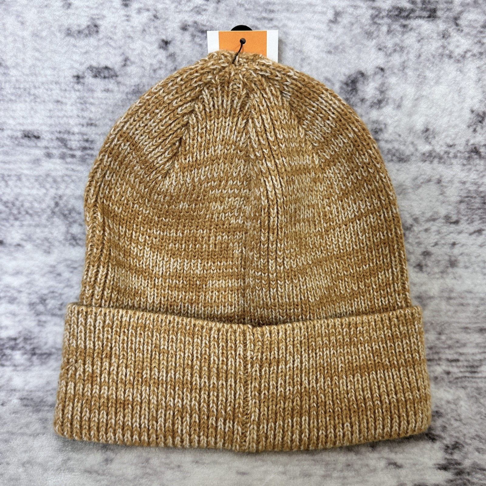 NWT Timberland Leather Patch Cuffed Beanie Hat One Size Tan Wheat Marled Knit