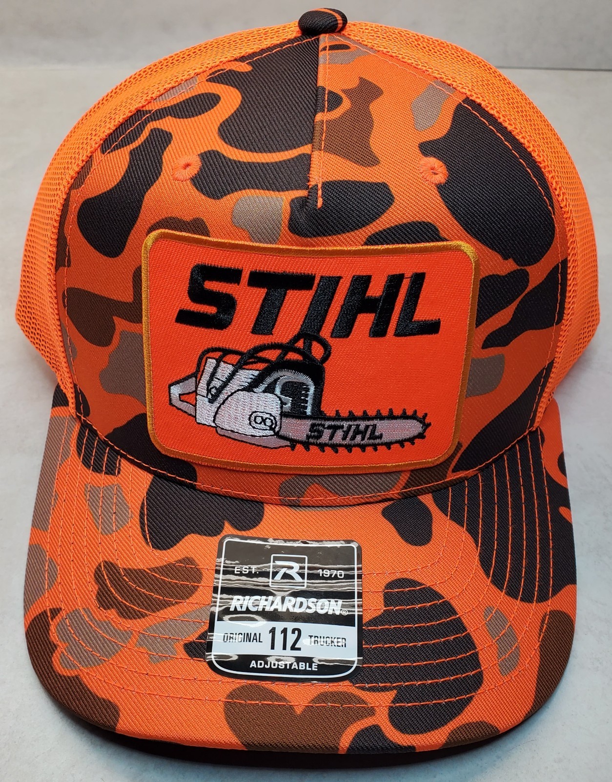 STIHL Patch on Richardson 112 Trucker Hat Snapback / Blaze Orange Camo