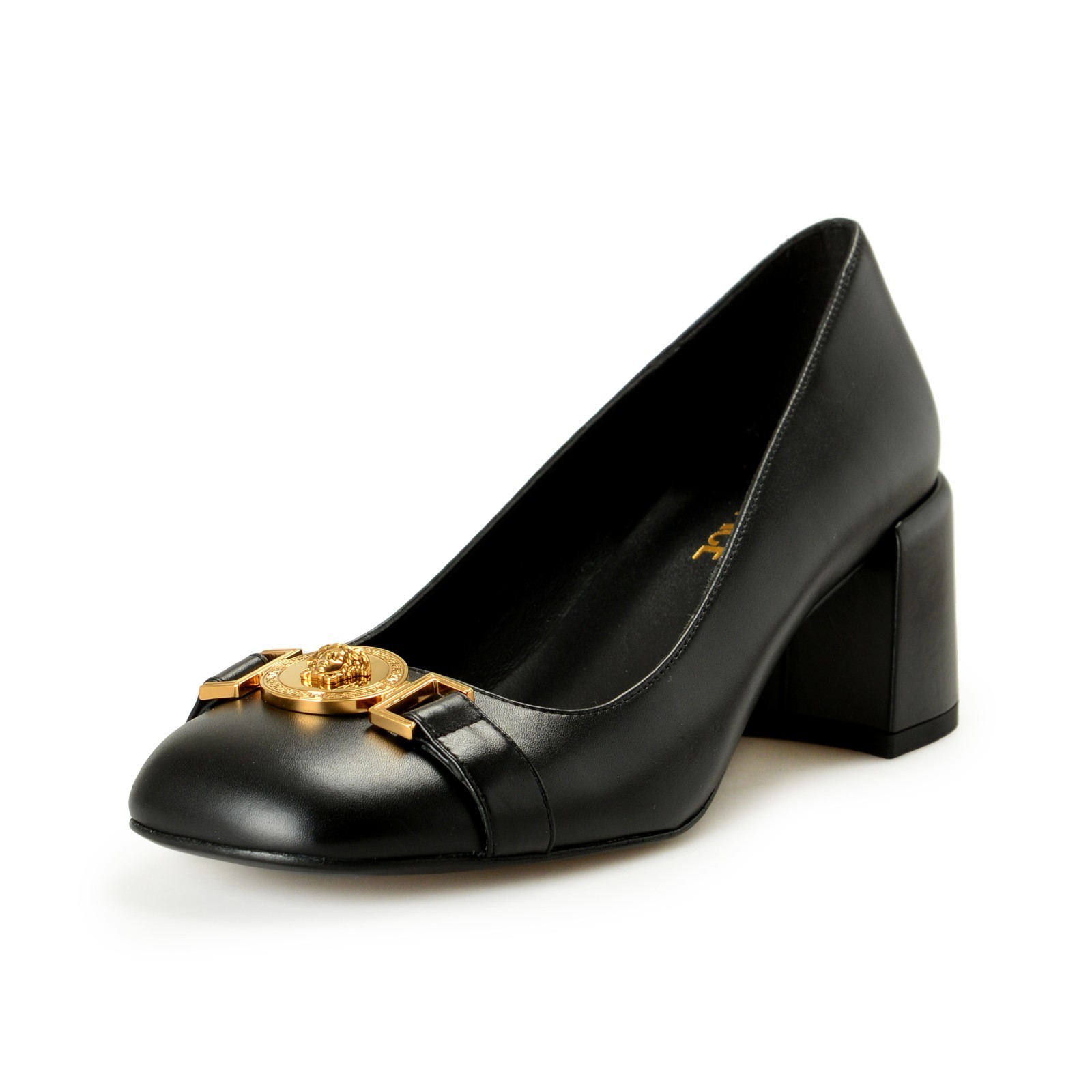 Versace Women’s Gold Medusa Black Leather Heeled Pump Shoes US 10 IT 40