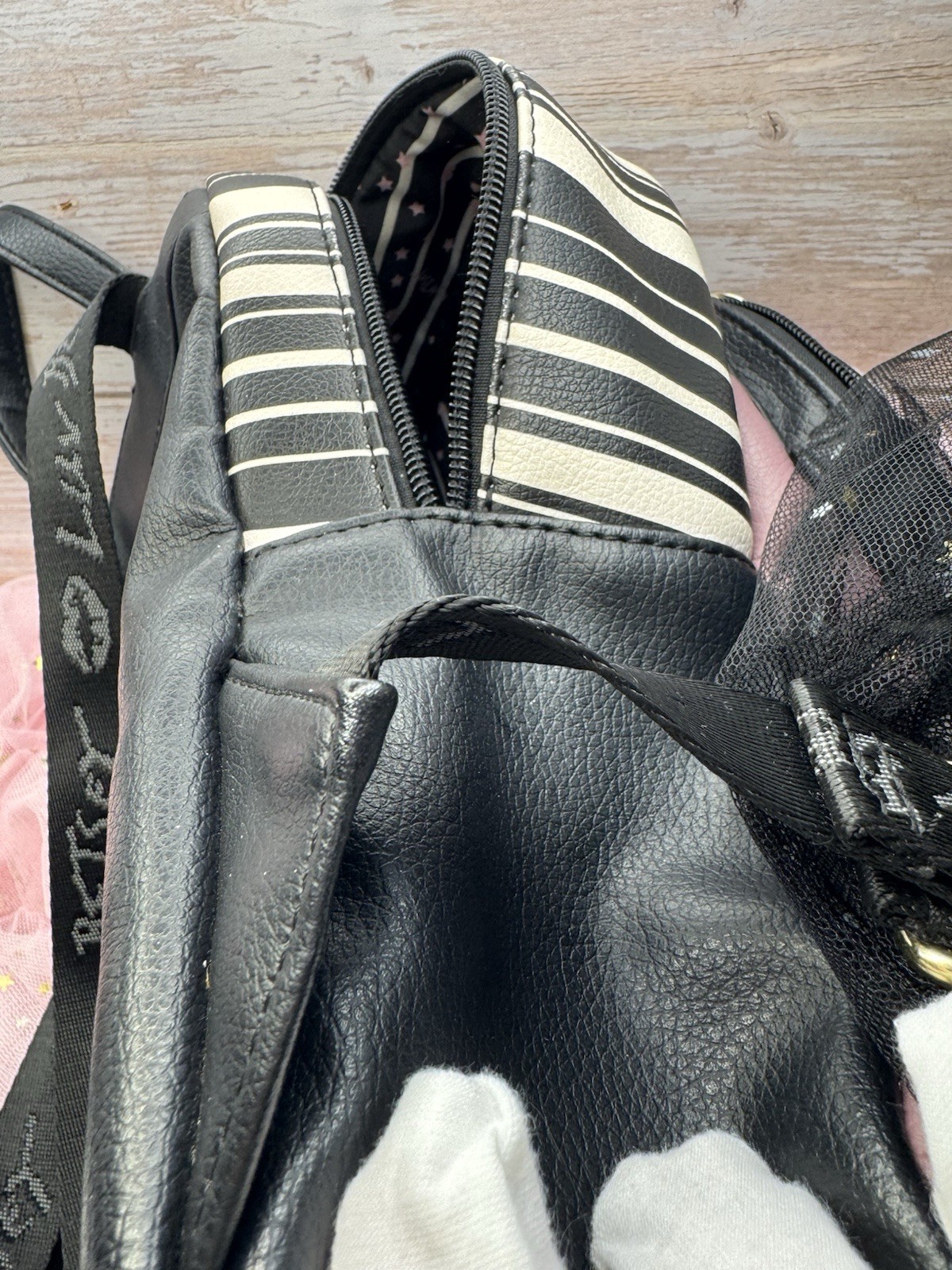 Betsey Johnson Luv Betsey Pink Quilted Heart Mini Backpack Black Striped EUC