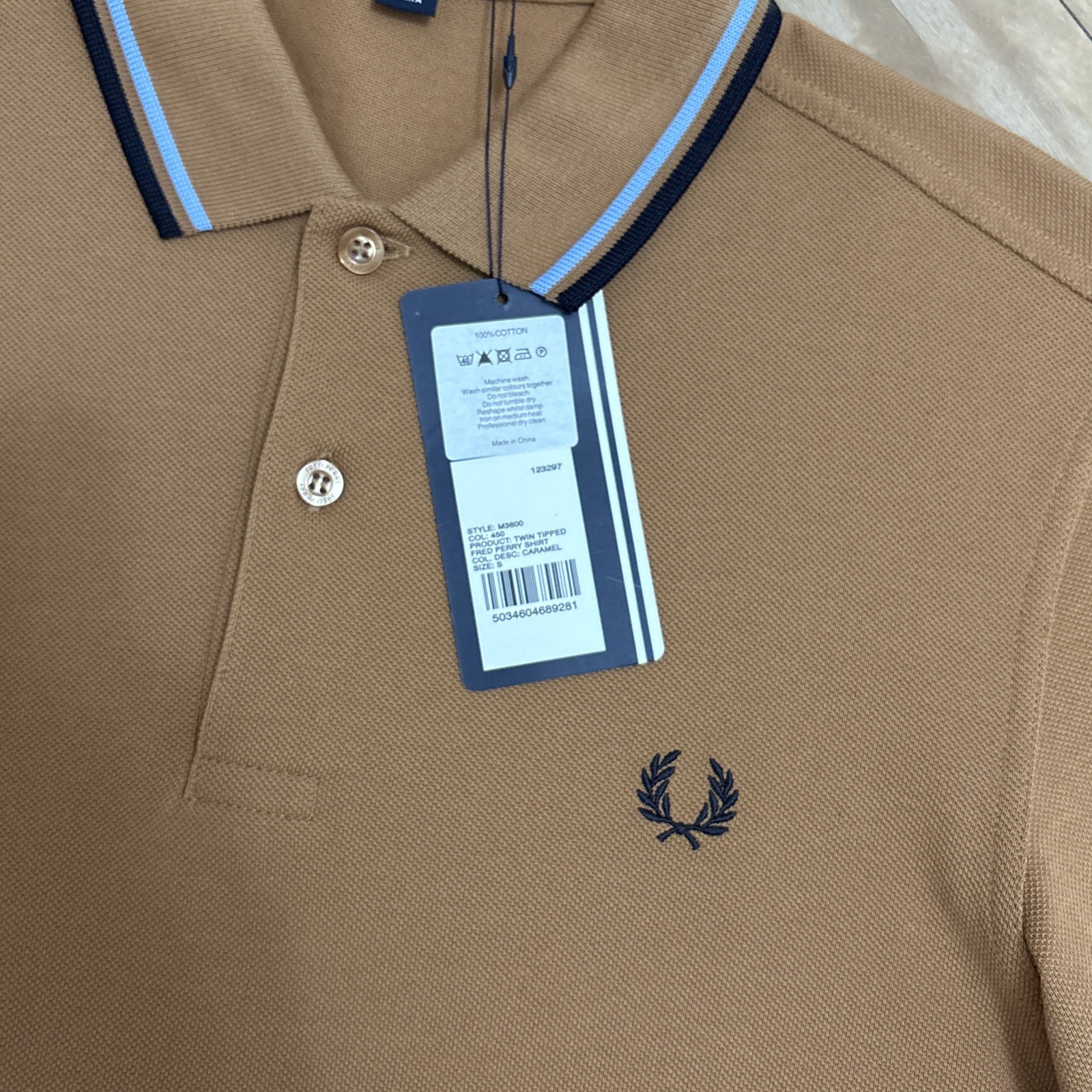 Fred Perry M3600 Polo Mens Size Small Dark Caramel/Snow White/Silver Blue BNWT