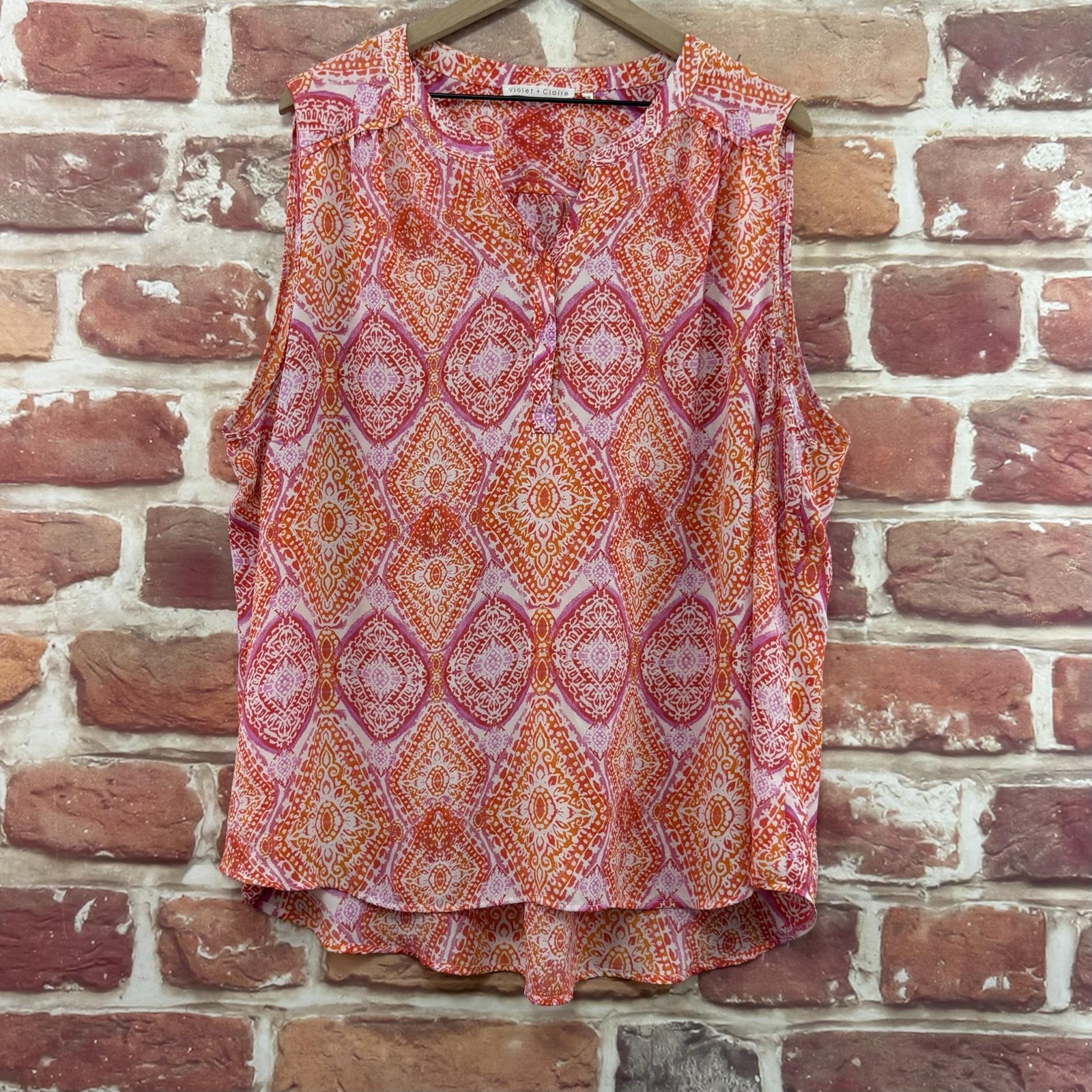 Violet + Claire Top Womens 3X Orange Boho Floral Abstract Casual Tank Shirt