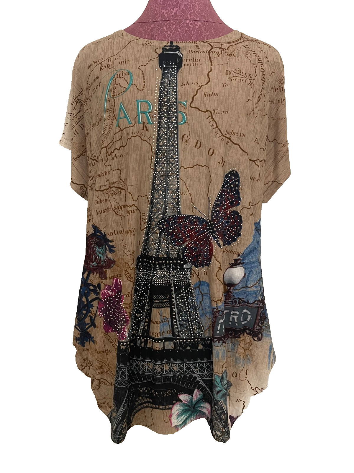 Blossom Paris Eiffel Tower Woman Top Brown Rhinestone One Size