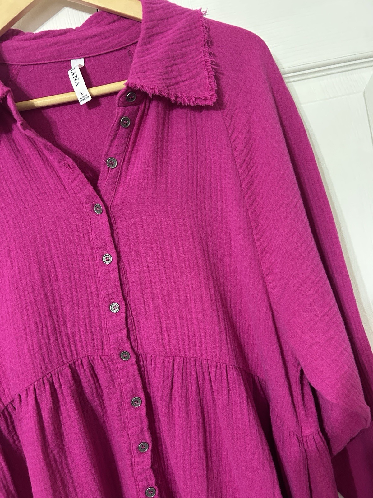 ZENANA Muslin Gauze Button Down Shirt Tunic Magenta Purple Cotton Pockets Size L
