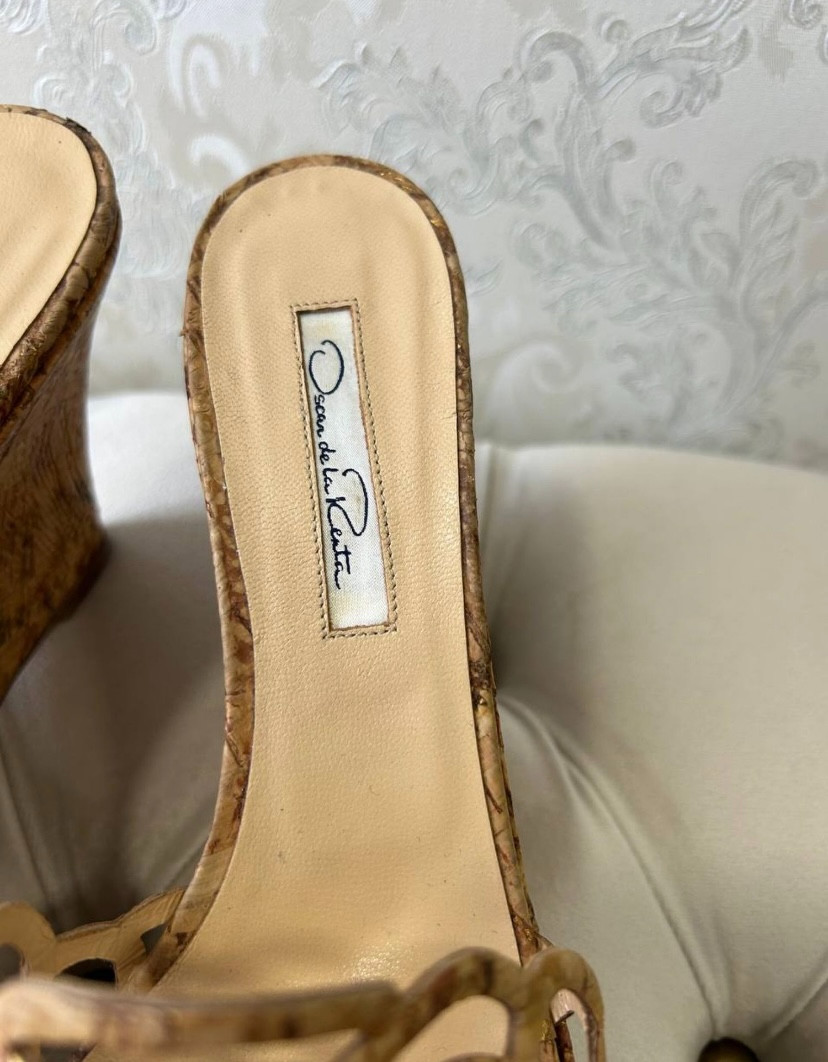 Oscar de la Renta Cork Wedge Sandals Mules Cutout Gold Fleck EU 40 US 10