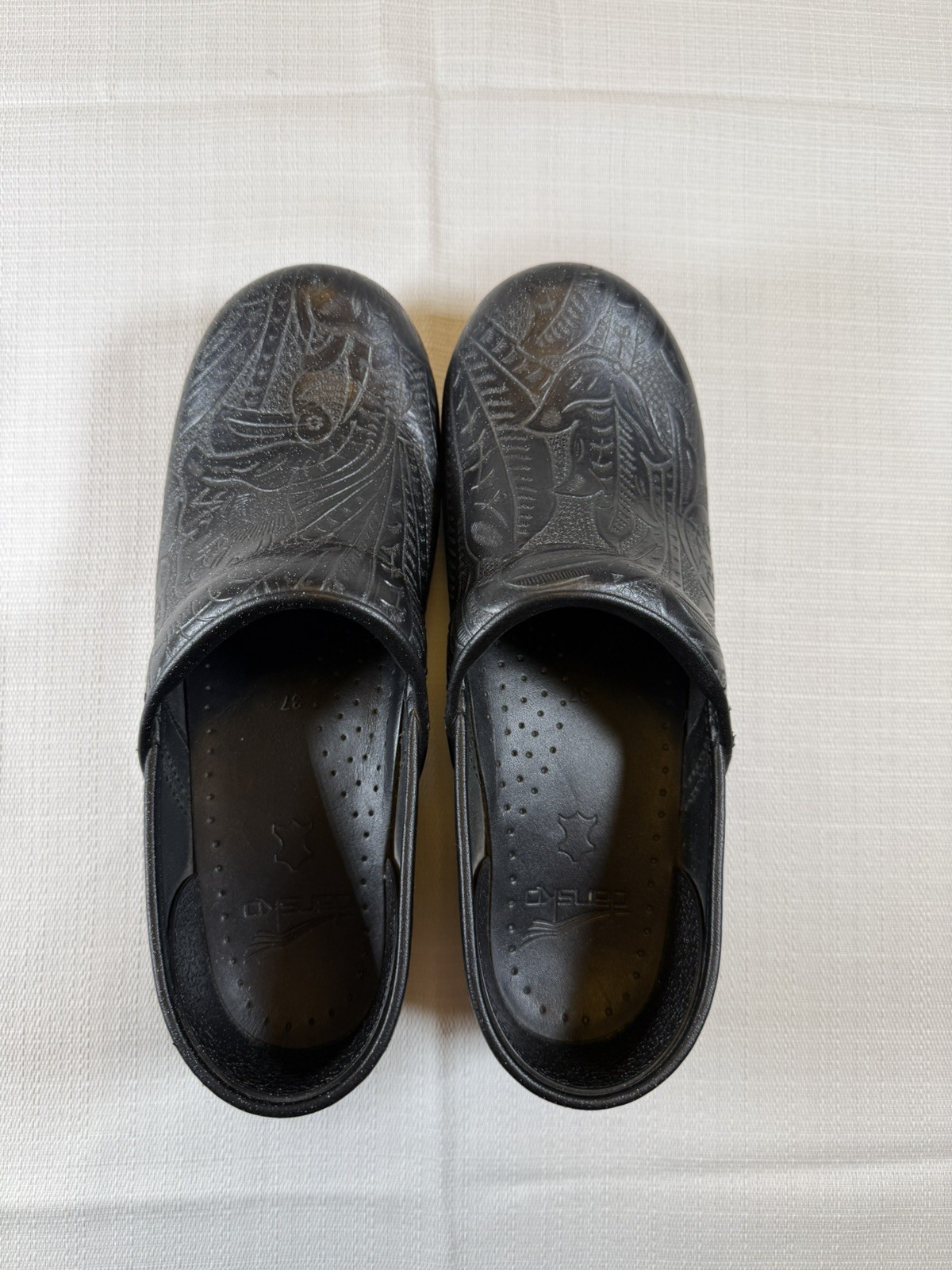 Dansko Professional Clogs EU 37 US 6.5 7 Black Embossed Leather Tooled Shoes