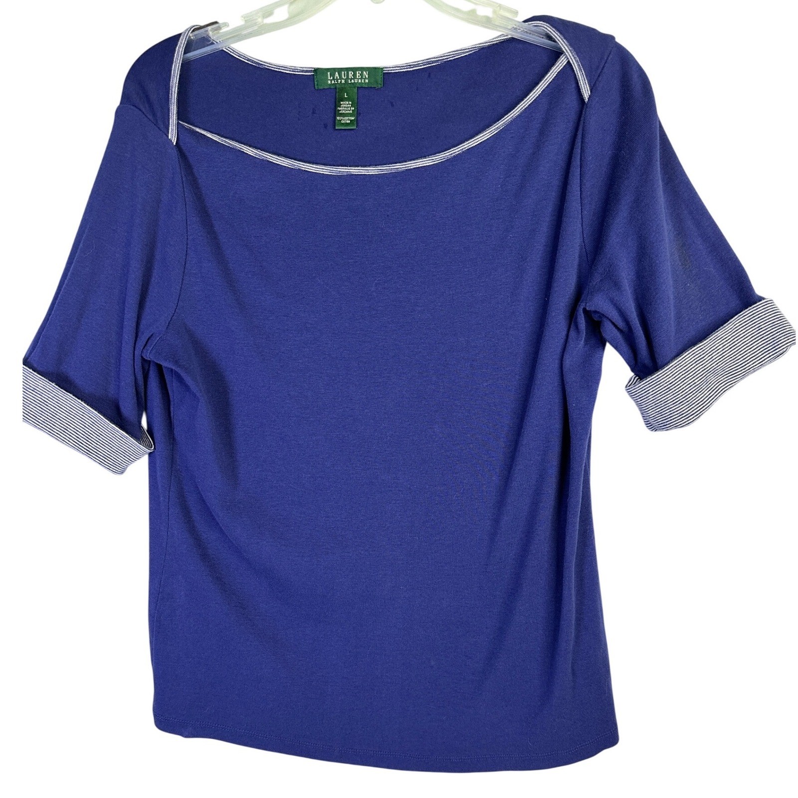 Lauren Ralph Lauren Boat Neck Top Women L Blue Striped Trim Nautical Preppy Y2K
