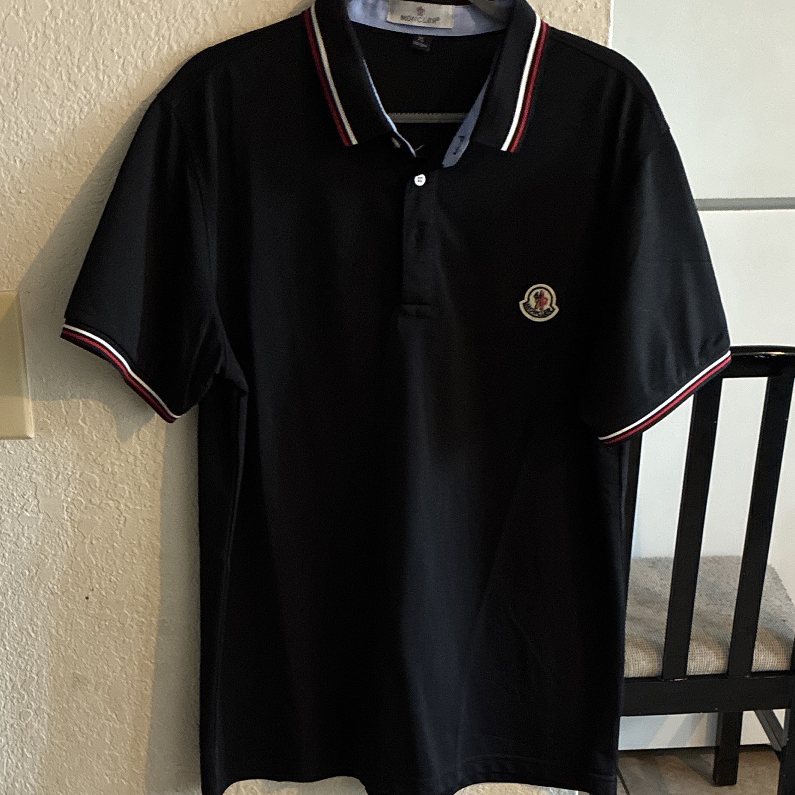 Moncler Men’s Black Solid Short Sleeve Polo Shirt L Collared Logo Patch