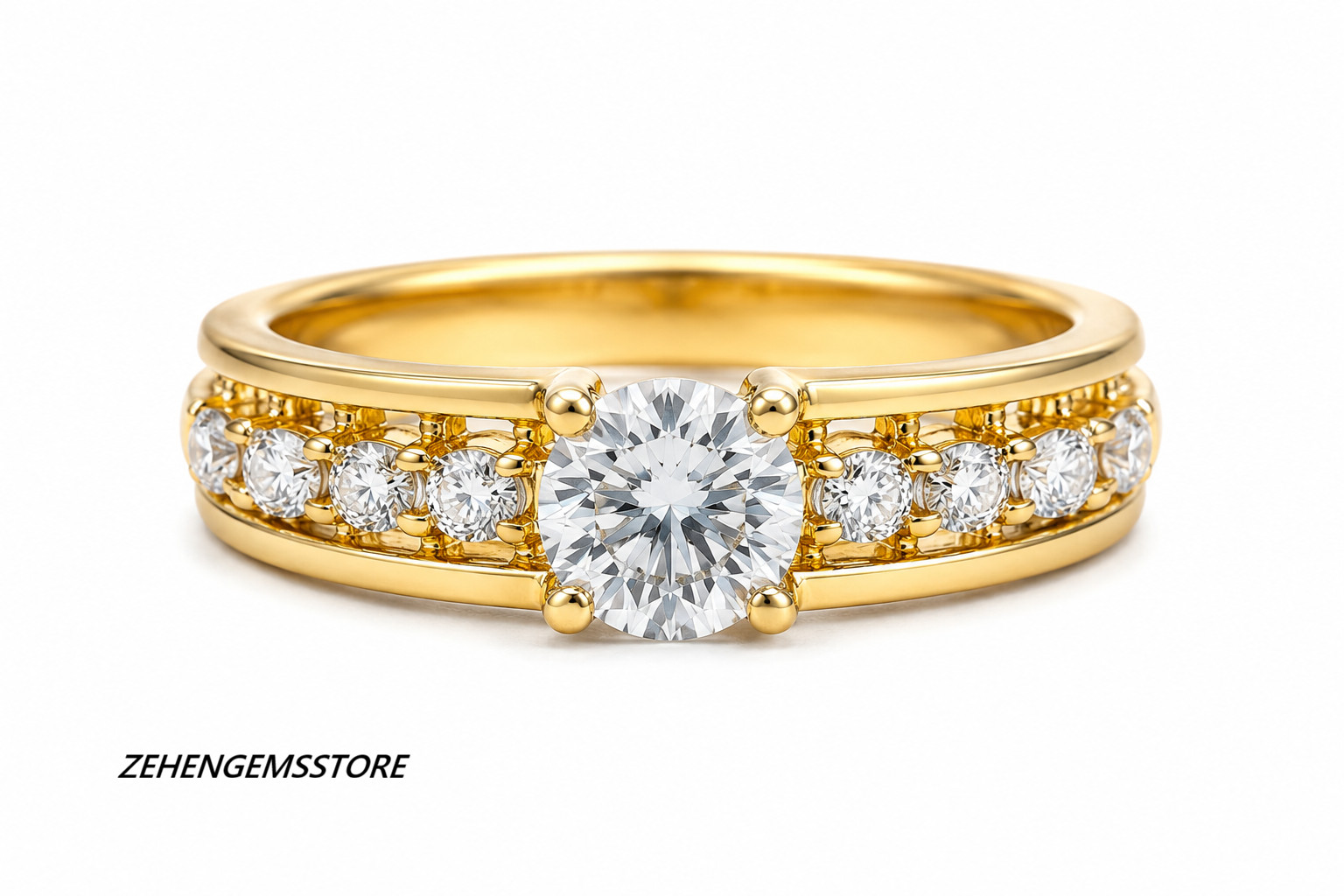 Round Cut Moissanite Engagement Ring Yellow Gold Plated Sterling Silver