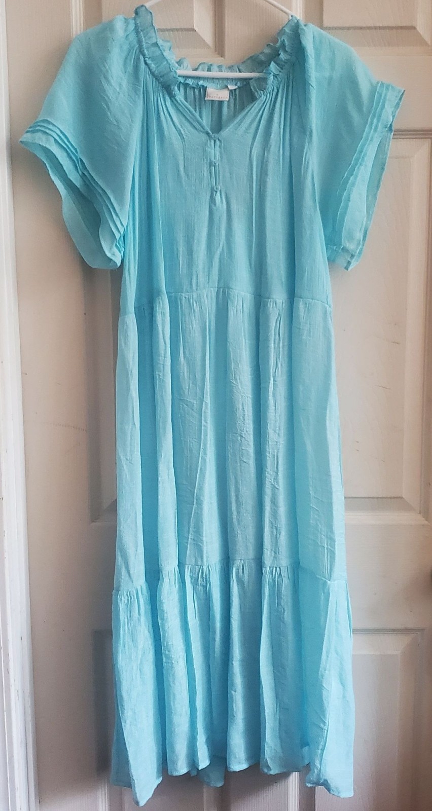 NWOT Sharagano Wm PL Dress Baby Blue Midi. Lined Feminine Romantic Peasant Boho