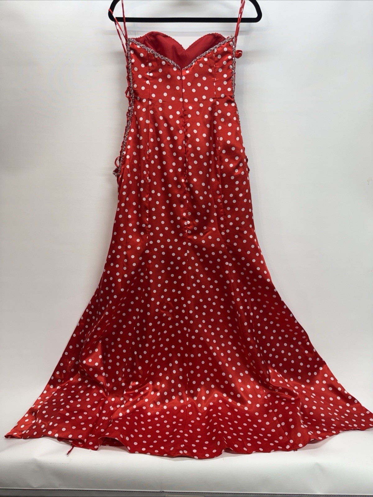 Mori Lee Formal Gown Maxi Dress Sz 13/14 Red White Polka Dot Beaded Sides LaceUp