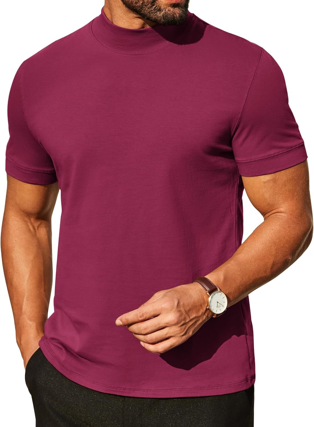 Mens Premium Cotton Short Sleeve Mock Turtleneck Half Neck Basic Tee Casual Fit