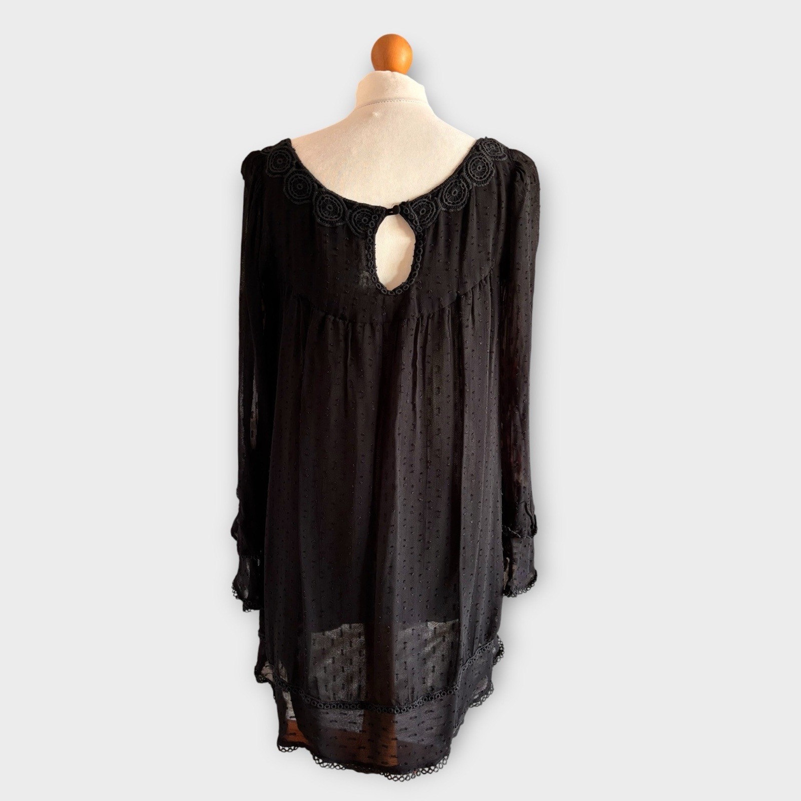 Next Black Tunic Blouse Top 12 Embroidered Lace Long Sleeve Boho Summer Casual