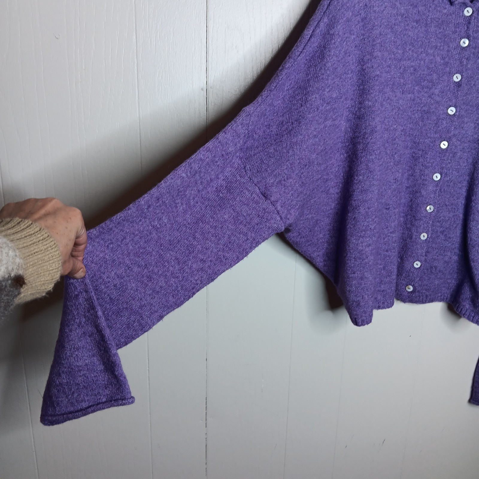 Things Between Cardigan M Purple Button Front Drop Shoulder Wool Quiet Luxury