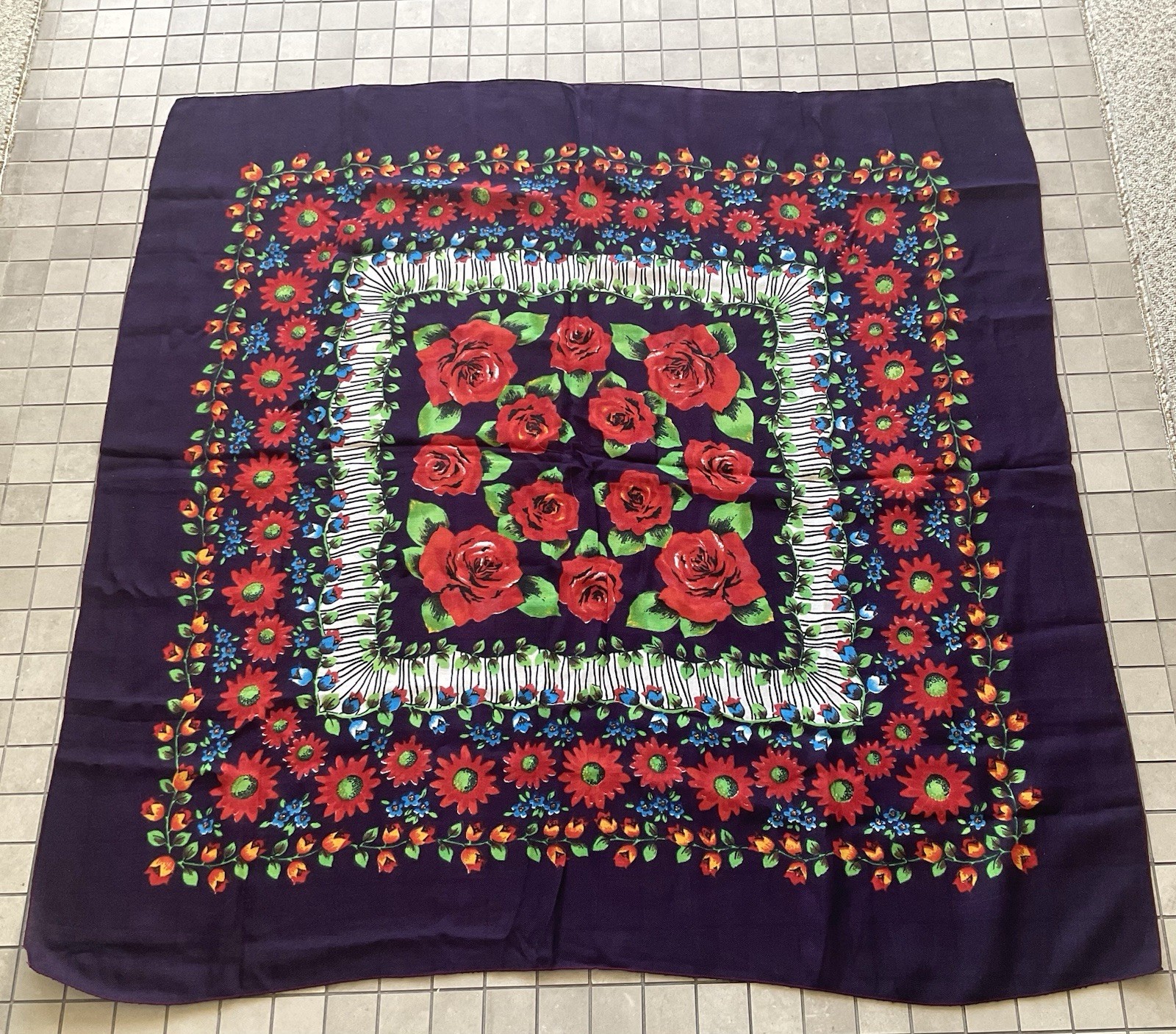 Vintage 42”x42” Vibrant Festive Multi-color Floral Scarf/Wrap/Shawl