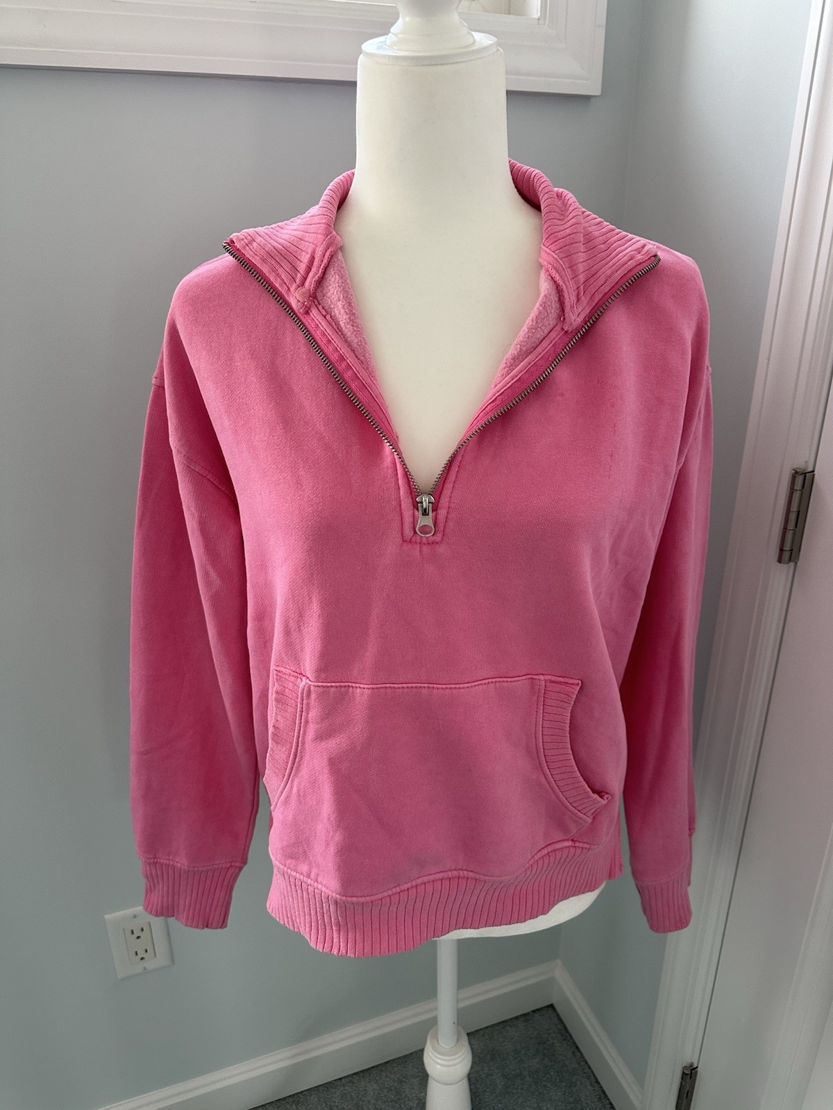 C&C California Sunwashed Pink Fleece 1/4 Zip Cotton Sweatshirt Front Pocket – M