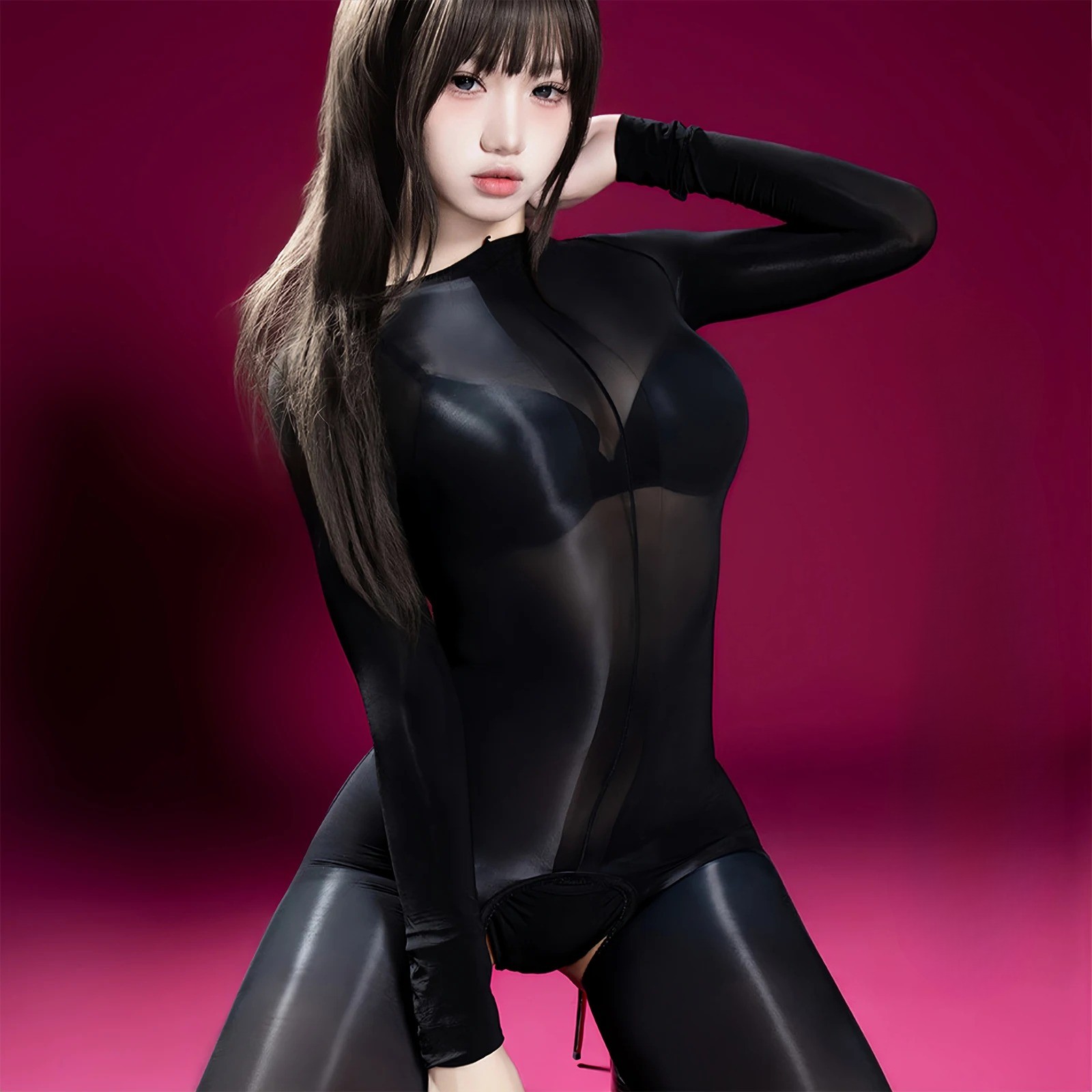 Black Full Body Stocking Thin 8D Oil Shine Sheer Bodysuit High-Density Jumpsuits