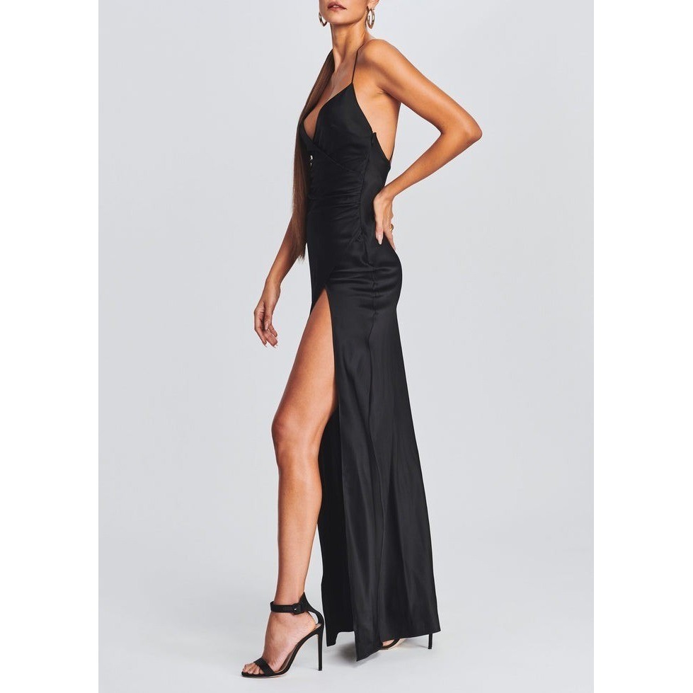 Retrofete Satin Silk Dress Black Maxi with Slit and Side Cutout Size Small