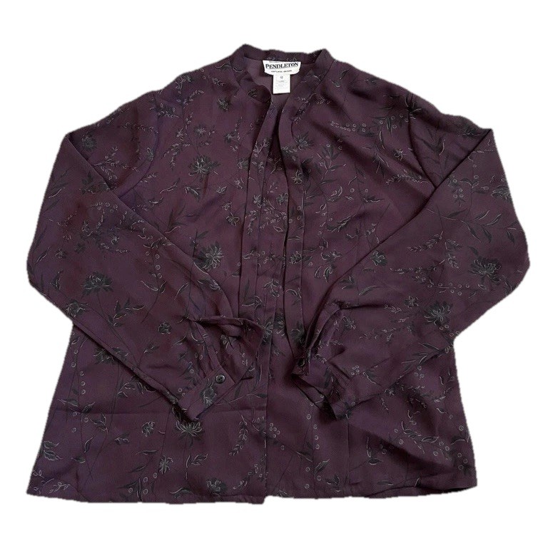 Pendleton Womens Size 12 Burgundy Floral Tie Neck Blouse Button Front Boho