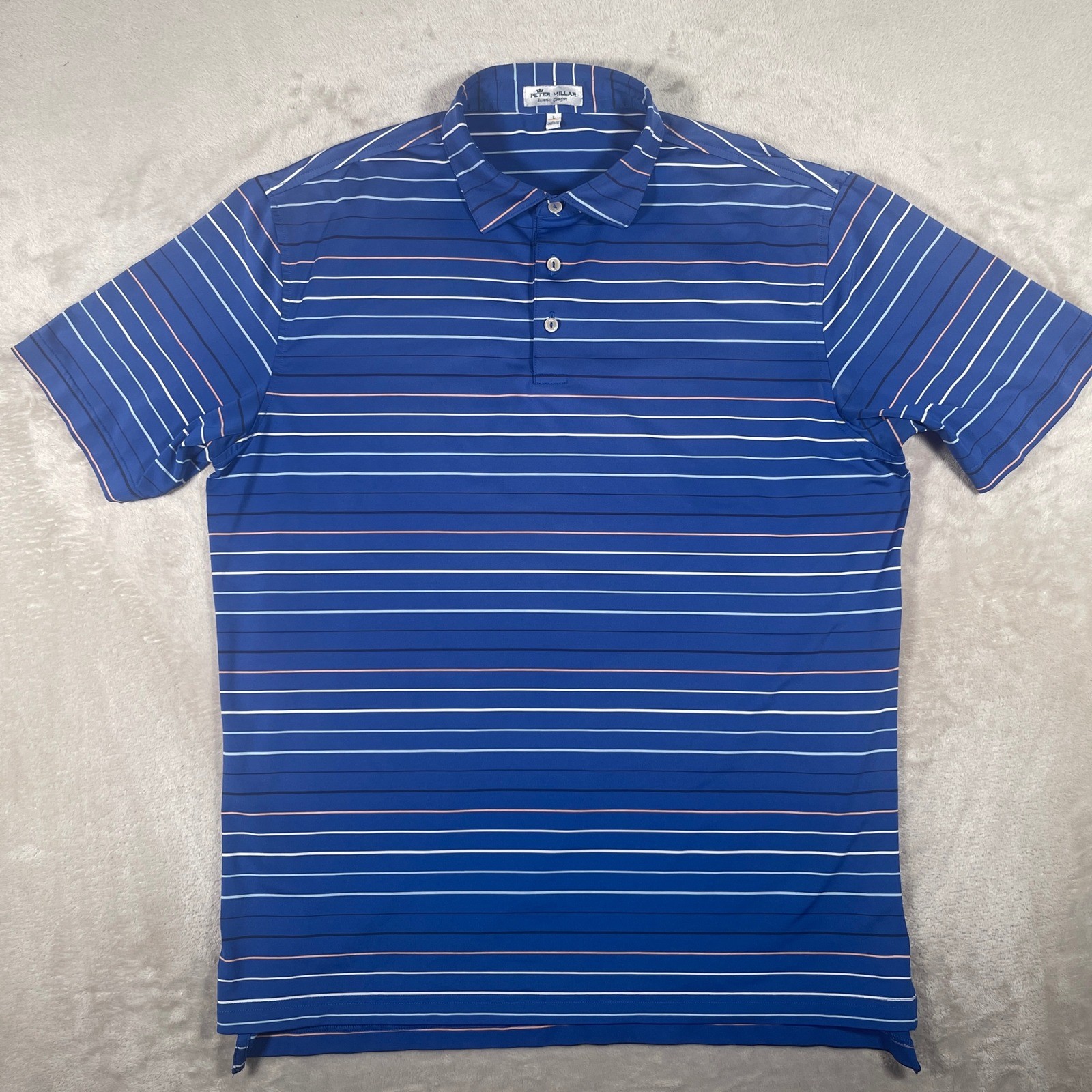 Peter Millar Summer Comfort Polo Mens L Blue Striped Performance Short Sleeve