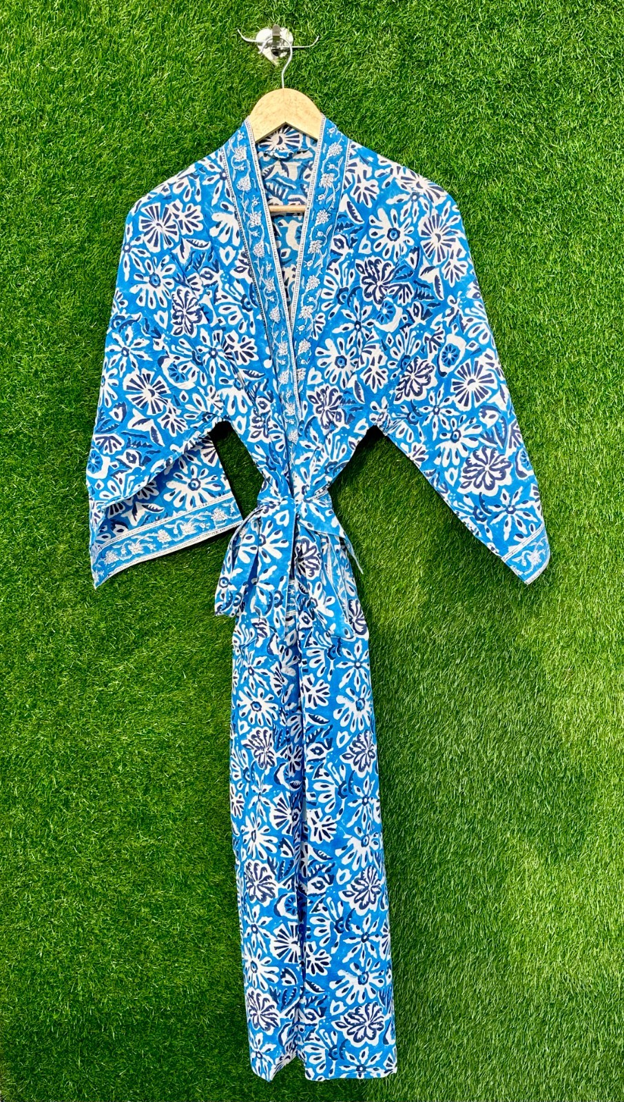 Women’s Cotton Kimono Robe Blue Floral hand block Print Dressing Boho Bathrobes