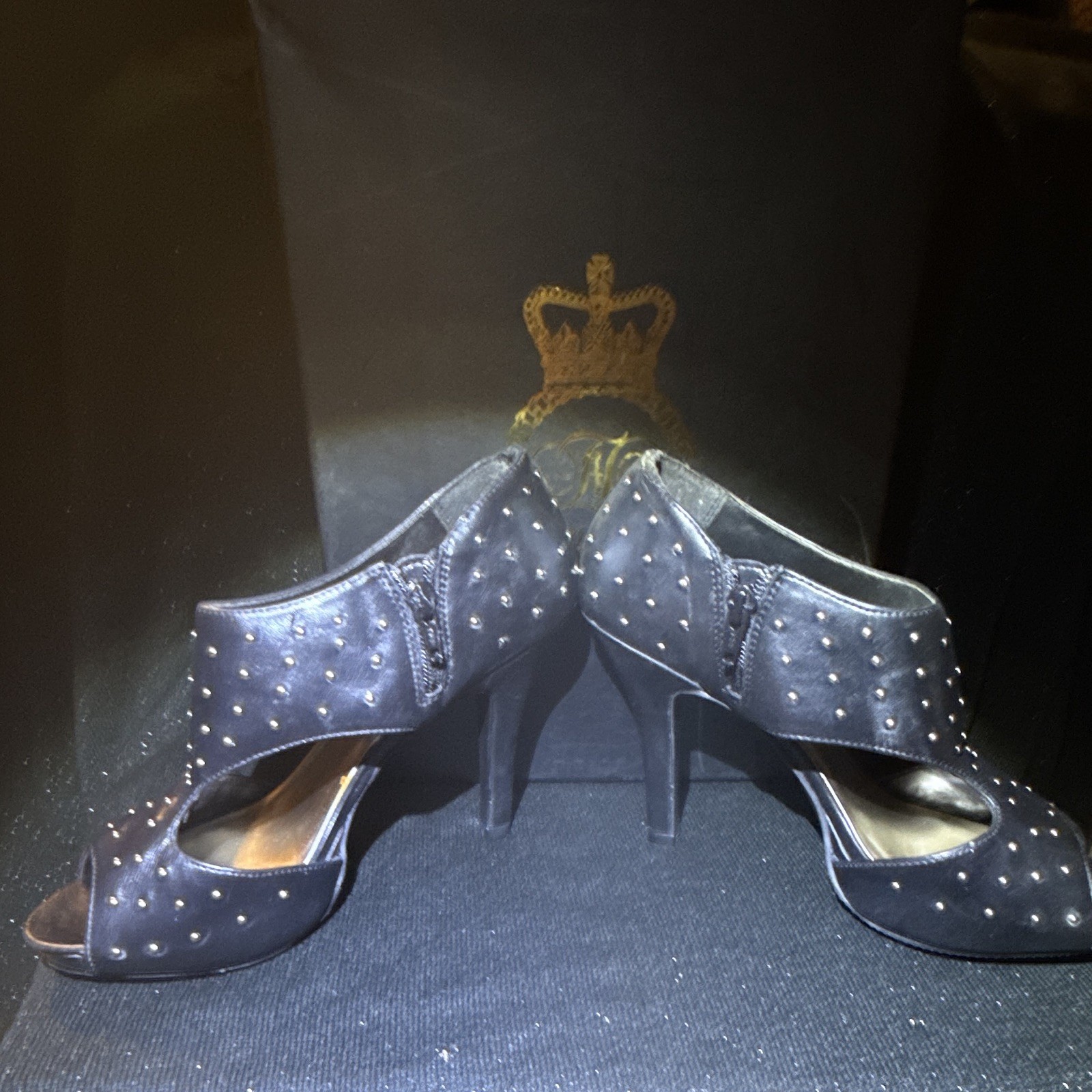 Fabulosity Women’s Black Studded Open Toe Ankle Strap Zip Stiletto 7.5M