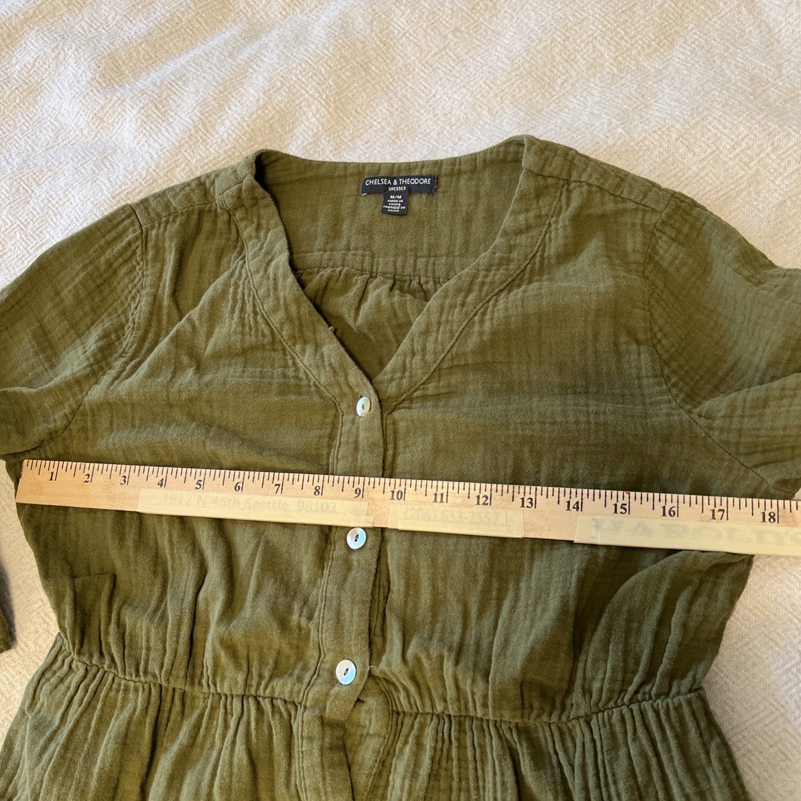 Women’s M Olive Green Cottage 100% Cotton Tiered Elastic Waist Pockets Dress