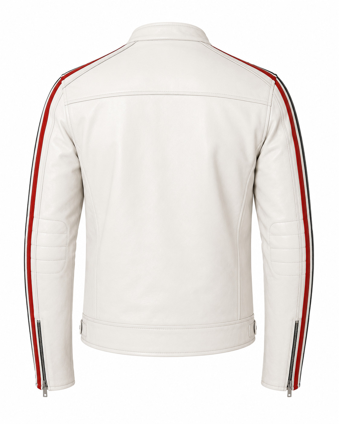 Men’s White Real Lambskin Leather Cafe Racer Jacket Red Black Racing Stripes