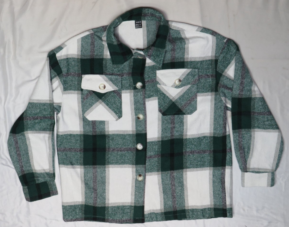 SHEIN WOMENS SHIRT US XS GREEN WHITE BUFFALO PLAID FLANNEL HEAVYWEIGHT POLY