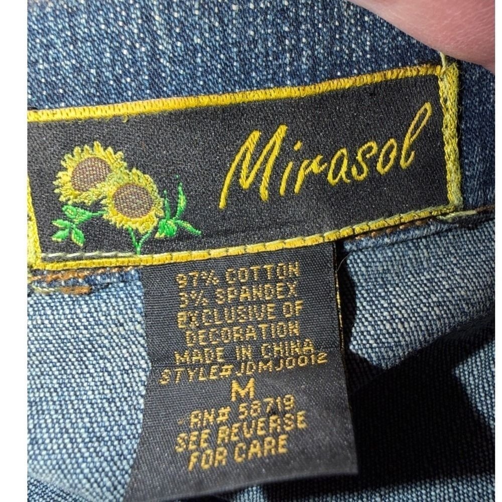 Mirasol Embellished Denim Jacket Blue Rhinestone Flowers Collared Button up M