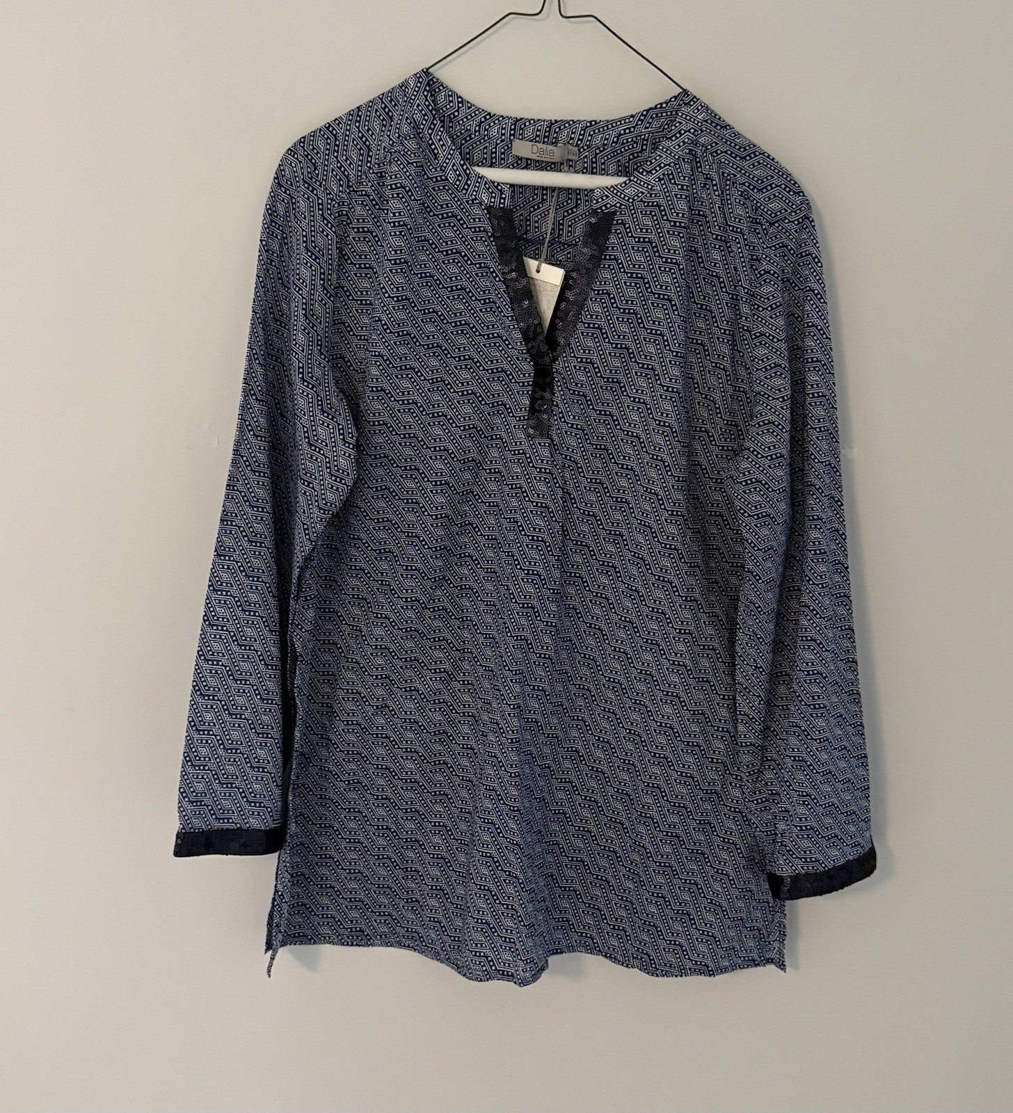 Dalia 100 % Cotton Blue And White Tunic With Sequined Neck And Cuffs L