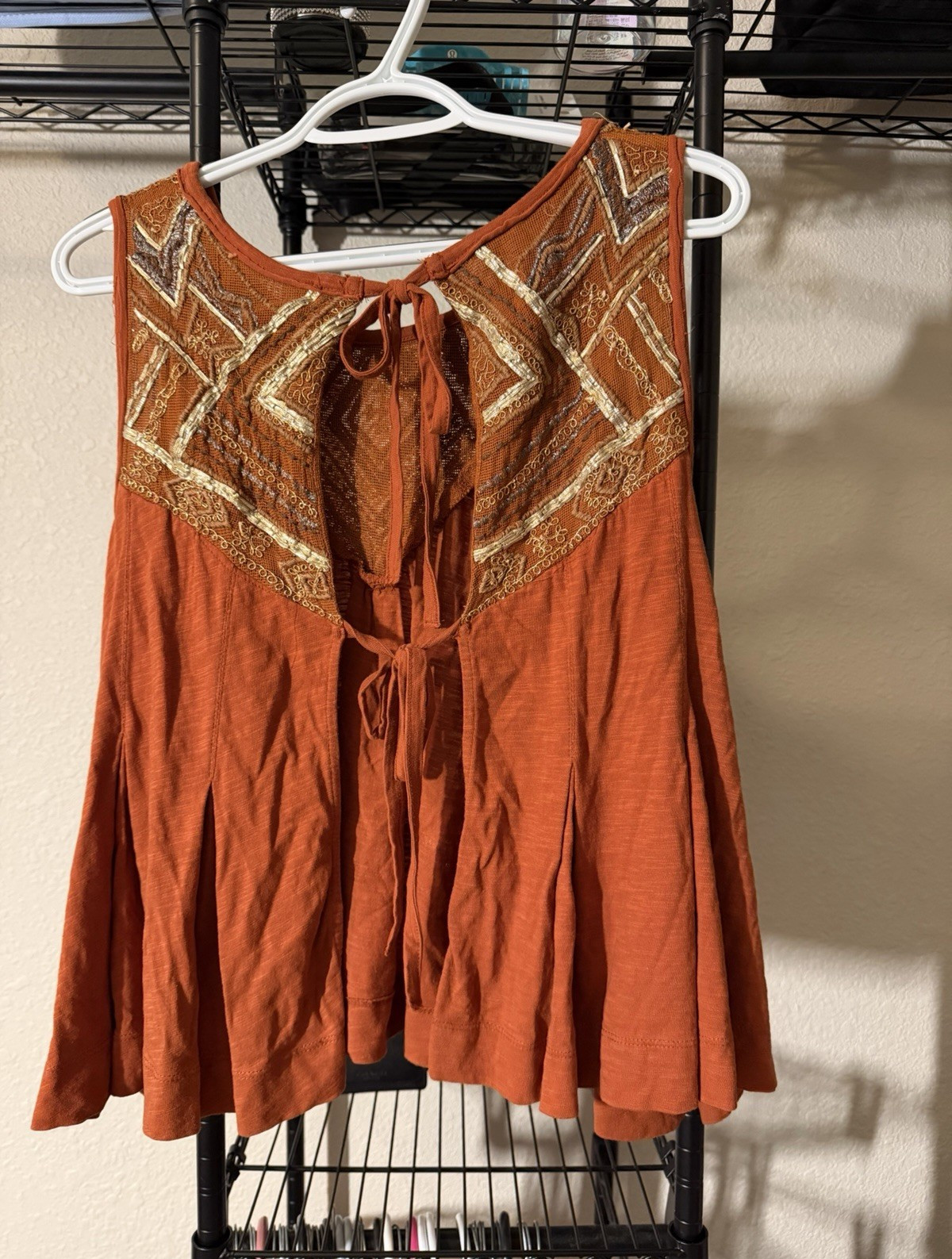 Flying Tomato Orange Solid Sleeveless Tie Neck Embroidered Beaded Blouse Size M