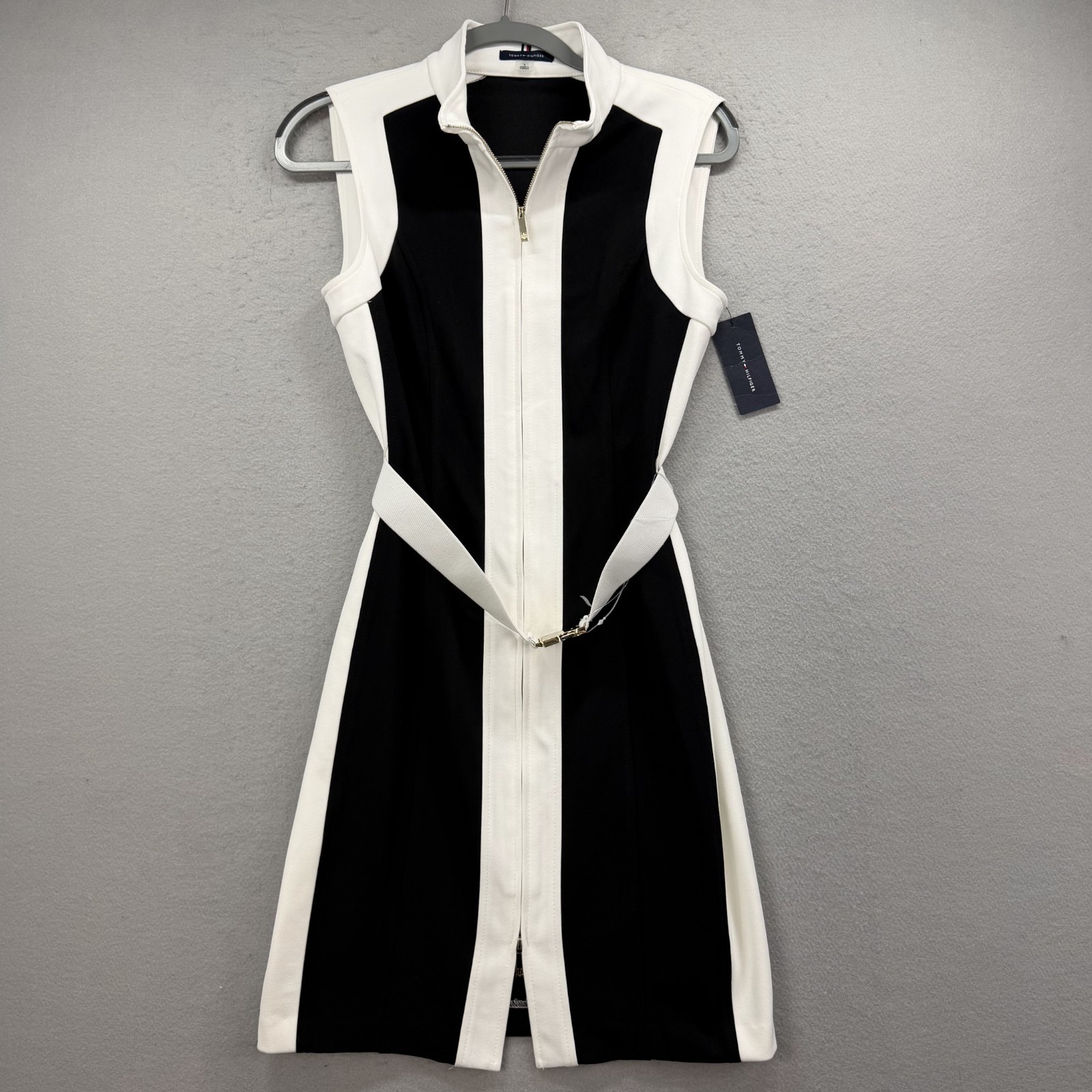 Tommy Hilfiger Dress Womens 6 Black White Colorblock Sleeveless Belt Buckle Zip