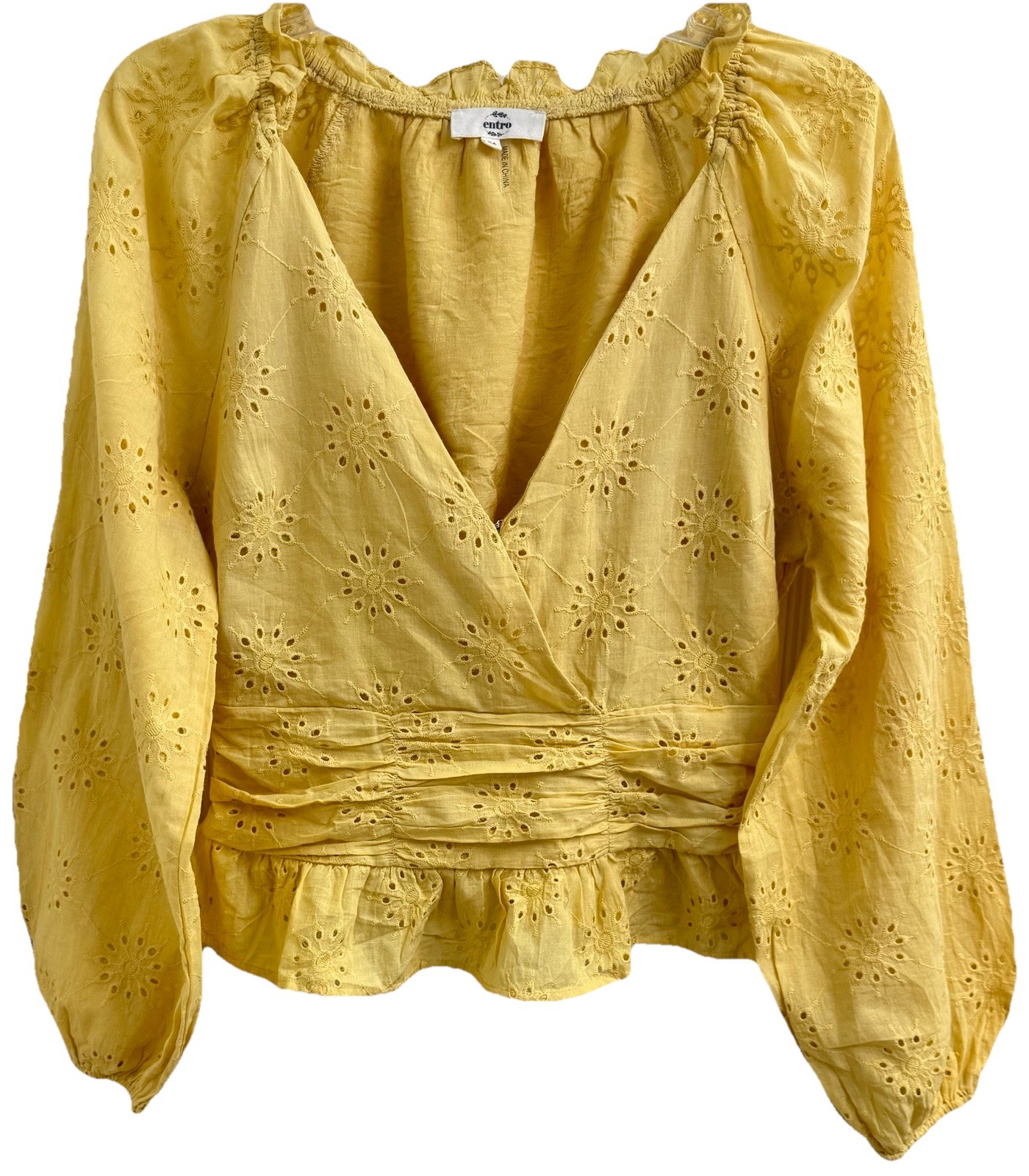 Entro BOHO Yellow Eyelet Crop Top V-Neck Puff Sleeves Lightweight Cottagecore(M)