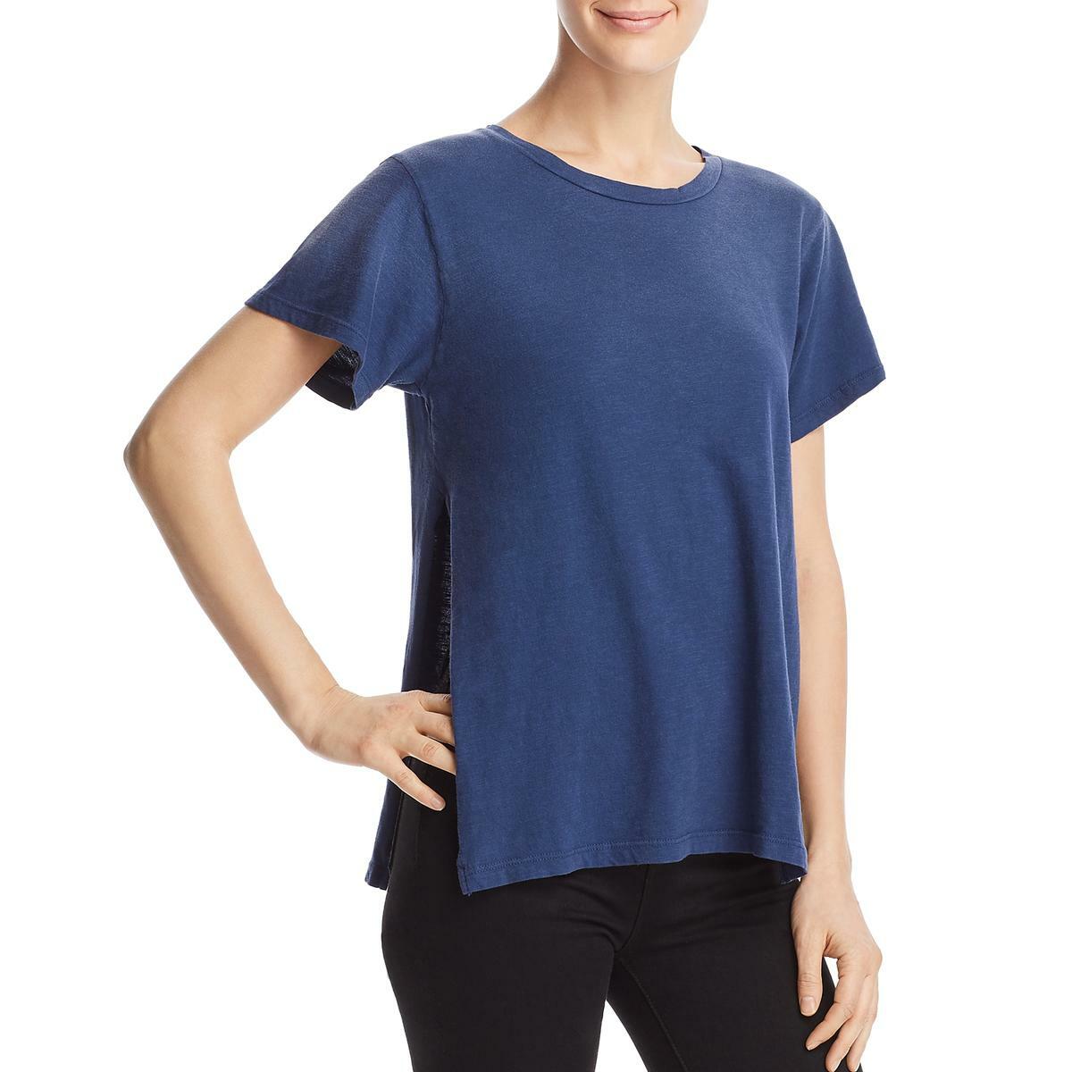 $129 Lna Women’S Blue Cotton Stretch Short-Sleeve Side Slit Casual Tee Size L