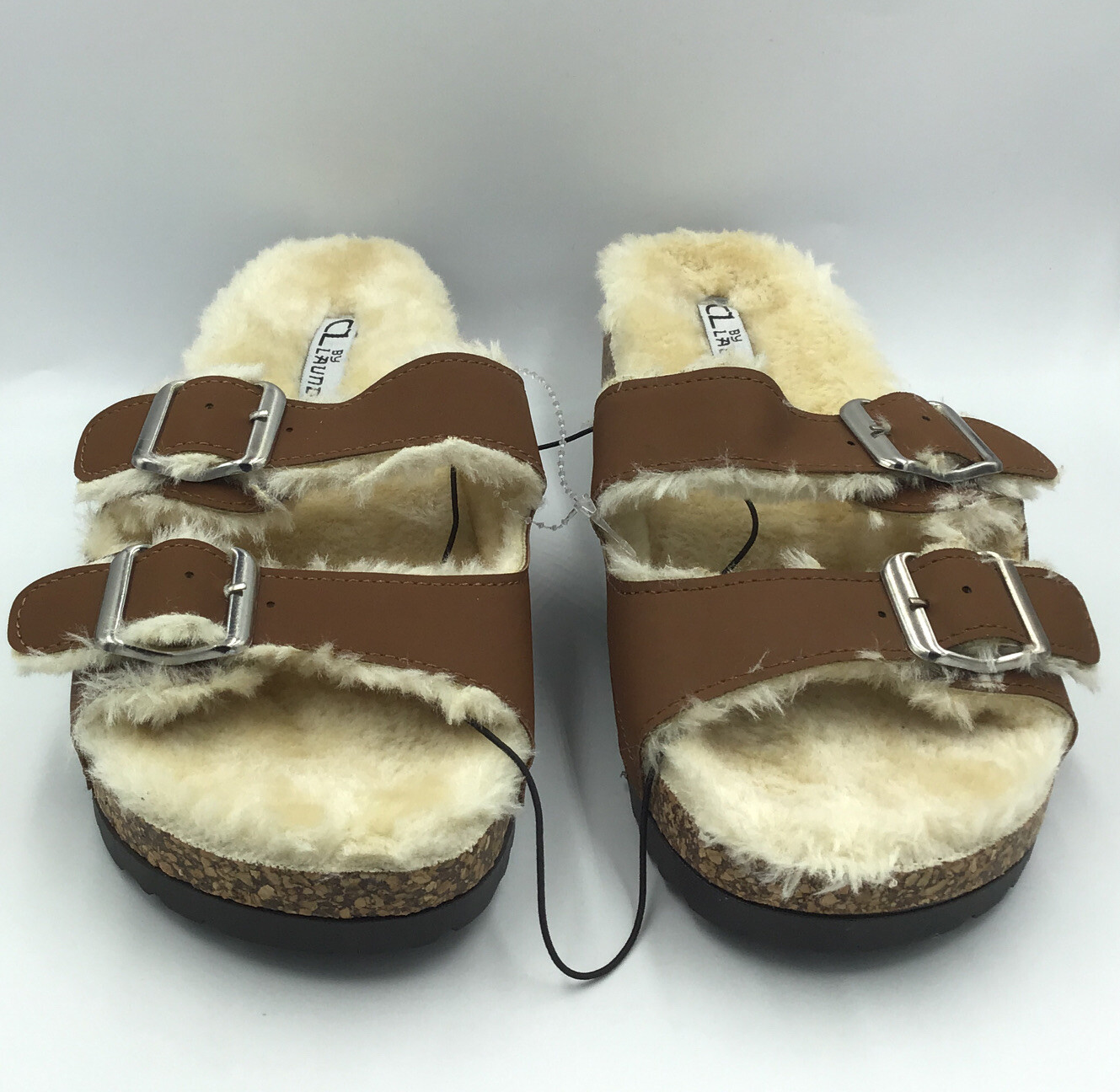 CL By Laundry Brown Fur Molded Footbed Sandals Wedge Cork Sole Womens Size 7 New