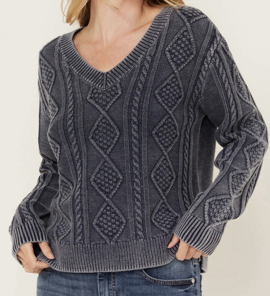 Cleo + Wolf Clark Navy Acid Wash Chunky Cable Knit Pull Over Sweater Woman Small